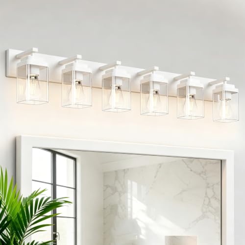 Image of White Bathroom Light Fixtures, 6 Lights Bathroom Lighting Fixtures Over Mirror, Square Design & Rectangle Large Backplate, Modern Vanity Lighting Fixtures, for Bathroom /Living Room /Bedroom