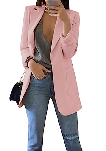 OMZIN Damen Work Office Blazer Suit Formal Interview Blazer Jacken Anzug mit Taschen Rosa L