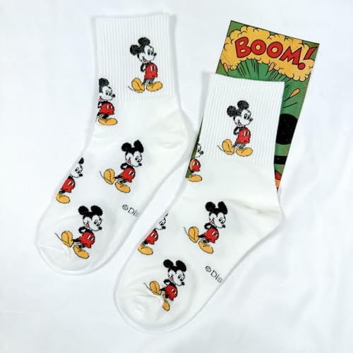 Mickey Mouse Crew Socks Collection, Multi Pairs, Athletic Striped Design, White Black Pink Beige3