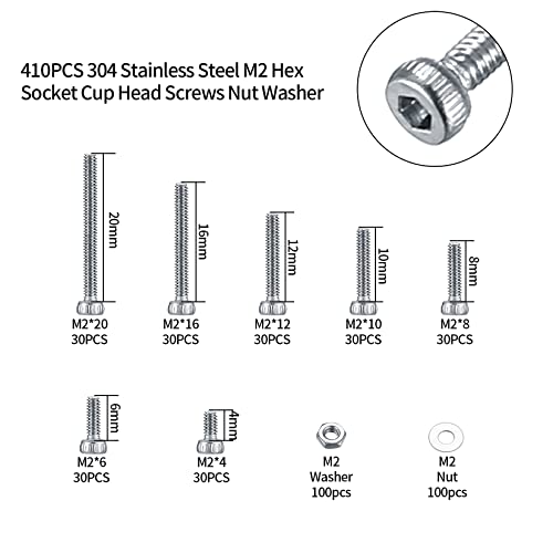 410 Piece M2 Hex Socket Screw Set, 304 Stainless Steel Hex Head Machine Screws Nuts and Washers Assortment with Allen Wrenches - Image 2
