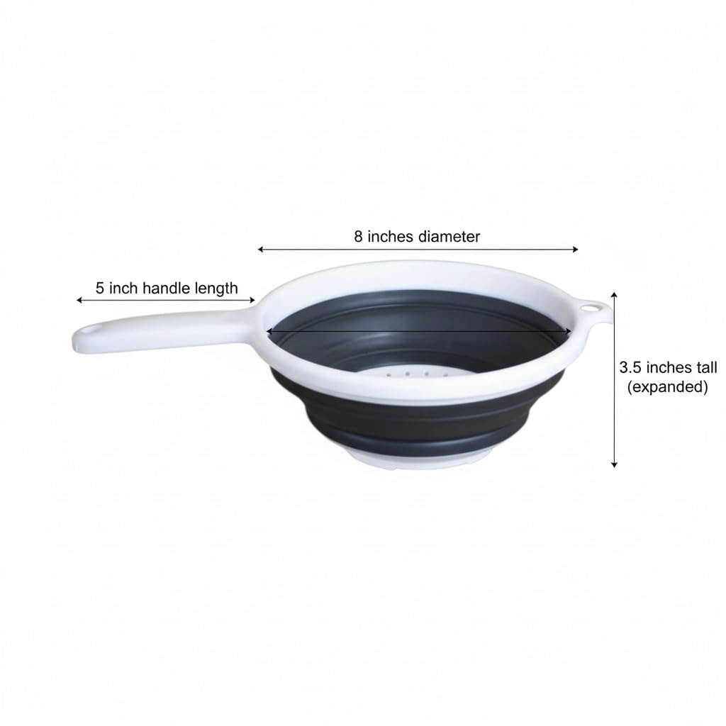 Colador de alimentos redondo de silicona plegable para ahorrar espacio de 8 pulgadas con mango - blanco (paquete de 1)