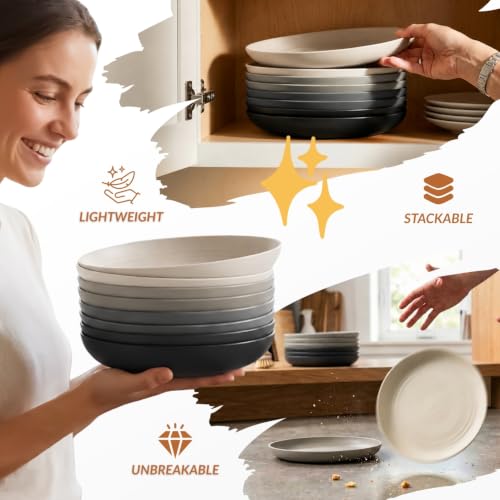 Image of Homienly Wheat Straw Plates Set of 8, Reusable Lightweight and Unbreakable 9 inch Plates, Premium Microwave and Dishwasher Safe Plates for Kitchen, Camping, Picnic, Party - GreyStone