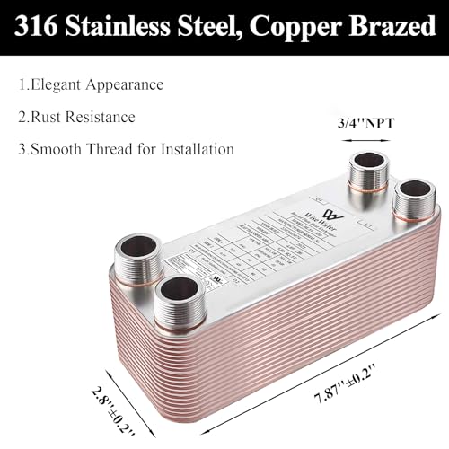 AB Plate Heat Exchanger, 3"x8" 10 Plates Water To Water Heat Exchanger, Copper/SS316L Stainless Steel Brazed Plate Heat Exchanger For Floor Heating, Water Heating, Snow Melting