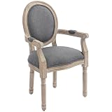 HOMCOM Chaise de Salle à Manger Chaise de Salon médaillon Style Louis XVI Bois Massif patiné sculpté Tissu Lin Gris