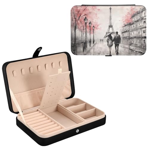 Haskirky Walking in Eiffel Tower Jewelry Box Portable PU Leather Travel Jewelry Organize for Women Jewelry Storage Display Holder for Ring, Necklace, Earring