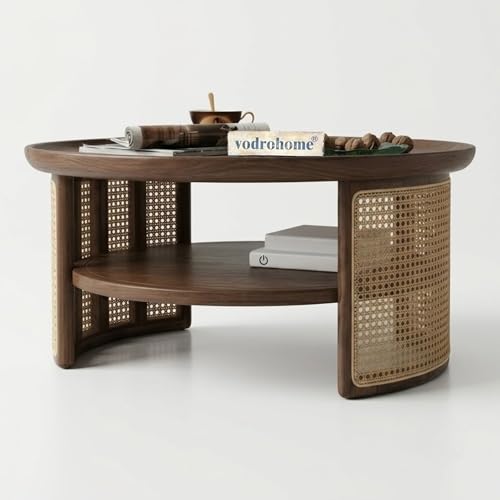 Image of Rattan Coffee Table - Cane Center Table with Shelf for Storage - Bohemian Solid Mango Wood Coffee Table for Office and Living Room C#042 (Walnut Finish)