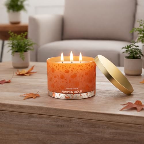 Image of Pumpkin Brulee 3-Wick Scented Large Glass Jar Candle with Golden Metal Lid | Reusable Printed Jar, 5 x 3.4 inch | 34 Hour Burn Time, 15 oz (425 g) | Home Decor & Gifting