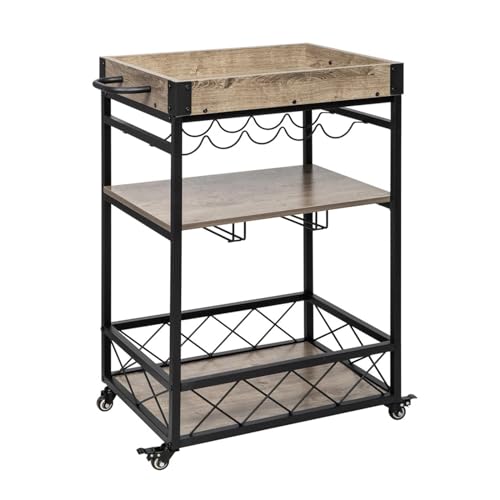 Carrito de cocina móvil vintage industrial para servir bar, carrito de almacenamiento de cocina para el hogar con capacidad para 5 botellas de vino y 9 vasos, muebles elegantes y funcionales