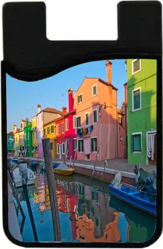 Island Gifting Neoprene Stick-on ID Card Holder for iPhone/Galaxy/Google Android Cases Featuring Image of Colorful Houses in Venice Burano Island in Italy