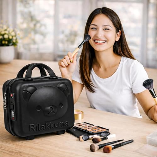 Image of Cute Bear Makeup Vanity Case for Women, Hard Shell Travel Cosmetic Organizer Box with TSA Lock, Portable Makeup Storage Case for Cosmetics, Jewelry & Toiletries, Black