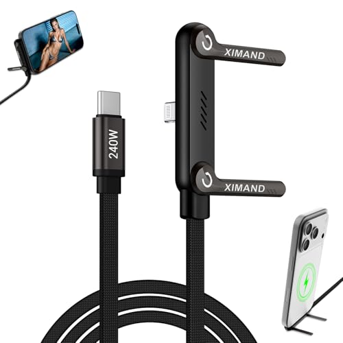 Image of Invisible Holder Charger Cable, 240W USB C to Lightning Cable 1.5M /4.9FT Braided Fast Charging Cord, 90 degree Connector & 360 Adjustable Stand for iphone, Gaming, Home, Office, Black, 1 PACK