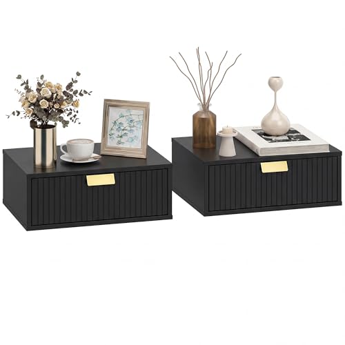 HOMCOM Modern Floating Nightstands Set of 2 Wall Mounted Bedside Tables with Fluted Drawer for Bedroom and Living Room 40W x 30D x 15H cm Black