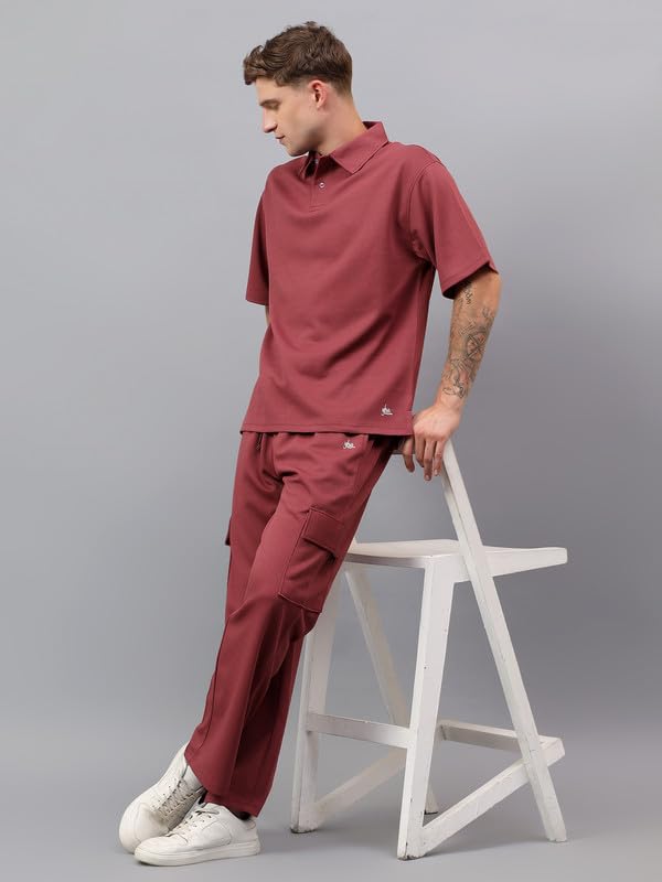 Image of YHA Solid Oversize Polo Neck Stylish Summer Tracksuit Half Sleeves Cord Set With Full Pant For Gents Lightweight Breathable Polycotton Fabric Co-ord Set For Men