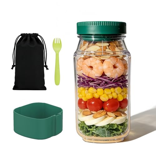 Image of LEYAO 2026 Upgraded Salad Dressing Container & Salad Jar with Side Opening, Leakproof Base, Integrated Fork & On-The-Go Storage Bag, Reusable Salad Container for Lunch