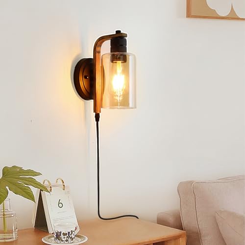 Image of Plug in Wall Sconces Set of Two with Touch Switch Vintage Dimmable Plug in Wall Lights Fixtures with Amber Glass Wall Mounted Bedside Lamps for Bedroom Nightstand Headboard Reading Living Room