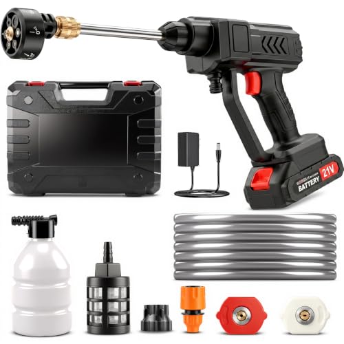 Hidrolimpiadora de Alta Presion, Limpiador de Alta Presión Portátil, Pistola de Agua a Presión, máx 260 PSI, con 2 Baterías, Pulverizador de Espuma, Boquilla 6 en1 para Coches, Terraza, Jardín