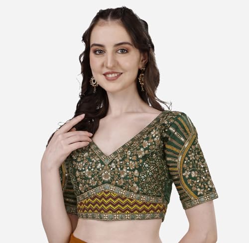 Image of Pujia Mills Mills Women's Fancy Readymade Heavy Coding Embroidary Worked Half Sleeve Multicolor Saree Blouse(Mushroom)