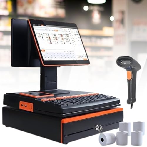 POS Monitor de pantalla táctil con escáner de mano y rollos de papel, pantalla multitáctil para uso en oficina y restaurante