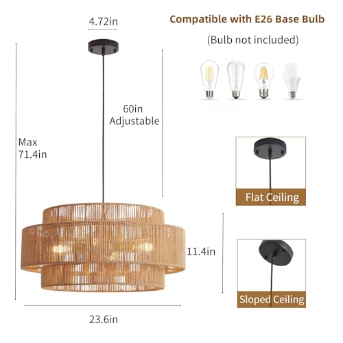 Image of 3-Tier Large Rattan Chandeliers, 23.6in Boho Coastal Pendant Lights, Hand Woven Hemp Rope Lighting Fixture, Wicker Hanging Ceiling Light for Living Room, Dining Room, Bedroom, Kitchen Island
