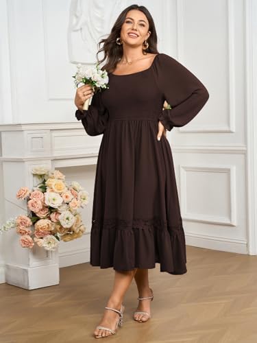 SCOMCHIC Women's Plus Size Wedding Guest Formal Dresses Fall Long Sleeve Square Neck Smocked Flowy Lace Trim Maxi Dress2