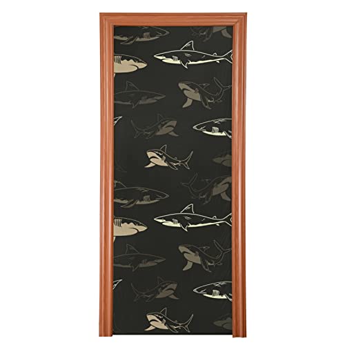 Poeticcity Vintage Retro Swimming Sharks on Dark Door Cover, Washable Fabric Durable Door Decoration Silk Microfiber for Front Door Porch Home Indoor Outdoor Party 36x98 inches
