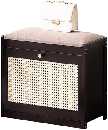 木製靴ベンチ 素朴な無垢材の玄関ベンチ リネンクッションシートとドア付き (サイズ:50x24x44cm、色:ブラック)