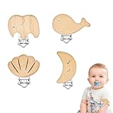 LACHT 4Pcs Schnullerclip Holz Natur, Holzclip Für Schnullerkette Verschluss, Natürliche Holzclips Für Schnullerketten, Baby Nuckelclip Mit Tiermotiven, Metallverschluss, Sicher Und Ungiftig