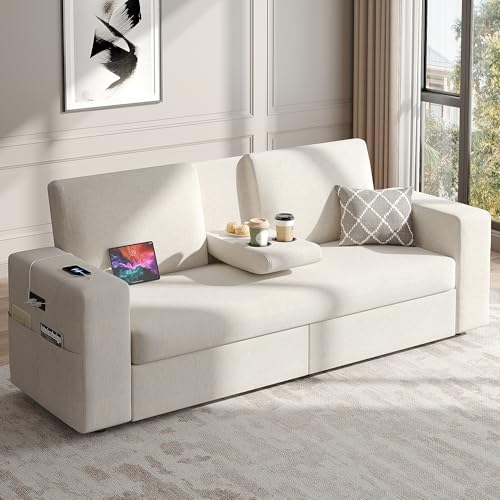 Maupvit 75” Couches for Living Room, Loveseat Sofa with Tray Table, USB, Type-C Charging Port, Upholstered 2 Seater Couch with Storage Drawer for Small Spaces, Office, Bedroom, Apartment, Beige