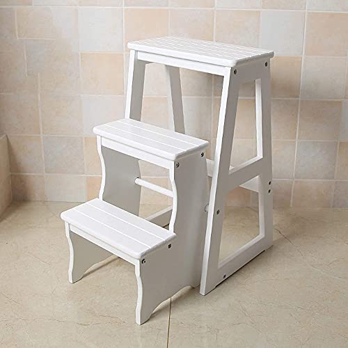 2 Step Ladder Folding Step Stool with Sturdy and Wide Pedal, for Adults Kitchen Wooden Ladders Small Foot Stools Indoor Shoe Bench/Flower Rack(White)