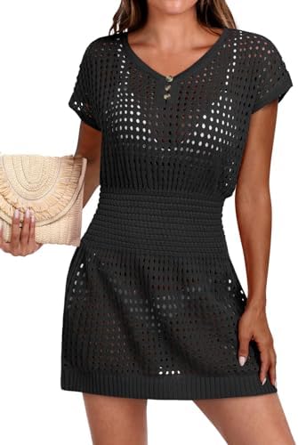 ANRABESS Women Swimsuit Crochet Coverups Short Sleeve Hollow Out Beach Swimwear Bathing Cover Up Dress Summer Outfits