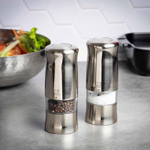 PEUGEOT - Zeli 14 cm Electric Pepper Mill - With Lighting - Black Pepper Included - Made In France - 6 Batteries + Replacement Bulb Included - Stainless Steel Colour - 3