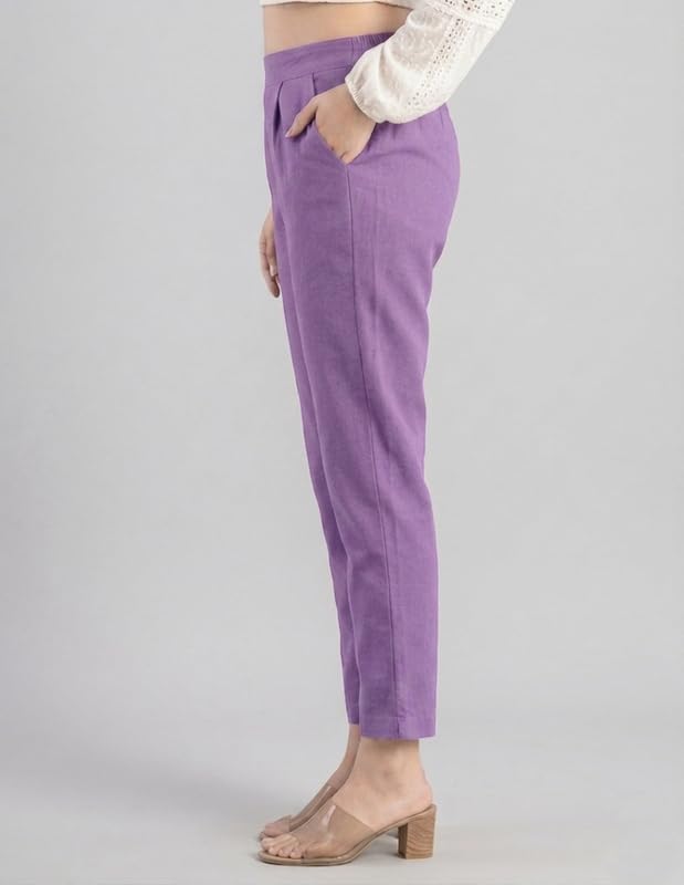 Image of Solid Cotton Woman Trousers Pants Regular Fit Kurti Pant with Drawstring Daily Office Formal Casual Use