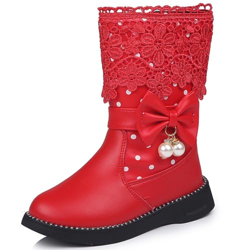 WUIWUIYU Girl's Waterproof Lace Bowknot Pearls Side Zipper Fur Winter Mid-calf Boots (Toddler/Little Kid/Big Kid)