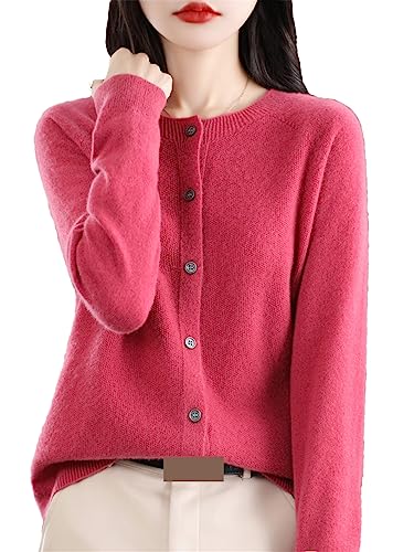 Suéter de Lana de Merino de Cachemir de Manga Larga para Mujer Primavera Otoño Cárdigan con Cuello Redondo Top de Punto Rose Red L