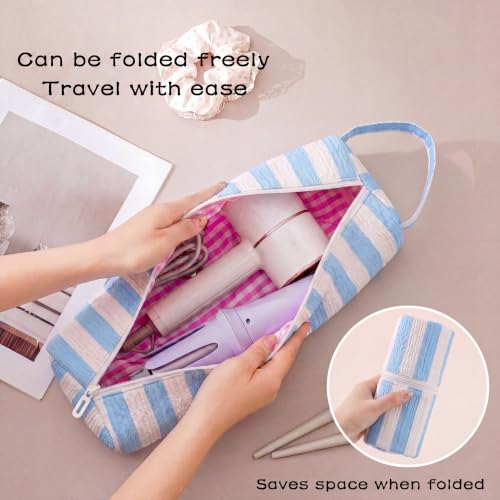Image of RSRSLEII Striped Hair Tools Travel Bag,Hair Styling Accessories Storage Case for Shark FlexStyle,Dyson Airwrap Hair Dryer,Curling Iron,Straightener,Revlon Hair Tools,Portable&Foldable(17Blue&White)