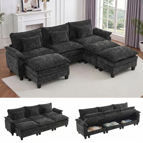 Image of IPKIG 117 inch Modular Cloud Couch with Storage, C Shaped Sectional Sofa | 3 Seater Black Chenille Deep Seat Sectional Couches with Ottoman and Pillow for Living Room, Apartment