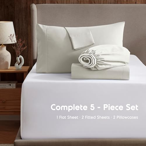 Image of Nestl Split King Bed Sheet Set - Off White - 5-Piece Deep Pocket | Instantly Soft, Night-One Ready (No Wash Required). Fits 16-Inch Deep Pockets, 360-Degree Elastic Grip