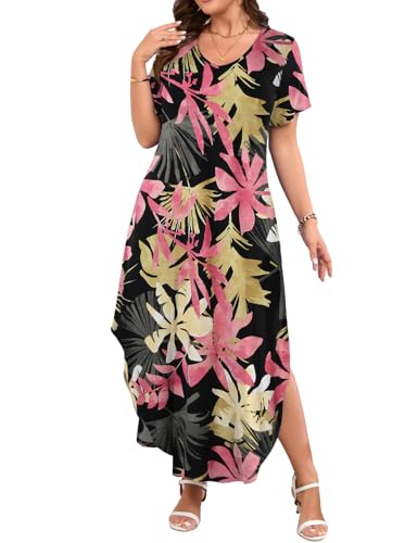 Image of JollieLovin Womens Plus Size Casual Summer Maxi Long Dress Short Sleeve T-Shirt Loose Sun Dress(L-5X)