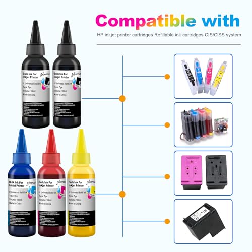 Image of 100ml Ink Bottles Compatible for HP Printer Ink Cartridges HP 67 67XL 60 61 62 63 65 65XL 910 950 951 952 962 932 933Refillable Ink Cartridges CISS System (Black, Cyan, Magenta, Yellow, 5PK)