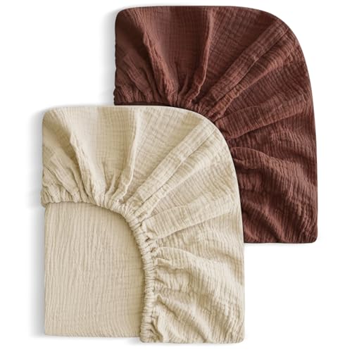 Image of SNOOZYNEST 2 Pack Soft Muslin Baby Crib Sheets, 100% Cotton Breathable Double Layer Fitted Sheets for Standard Crib and Toddler Bed Mattresses 28x52 Inches, for Baby Girls and Boys (Cedar & Cream