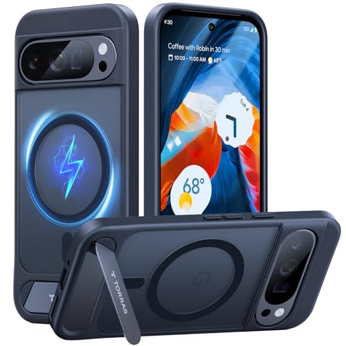 TORRAS Magnetic & Stand for Google Pixel 9 Pro Case/Pixel 9 Case, Fit for MagSafe, 12FT Mil-Grade Drop Protection, Slim Fit for Google Pixel 9/9 Pro Phone Case with Built-in Kickstand, Black