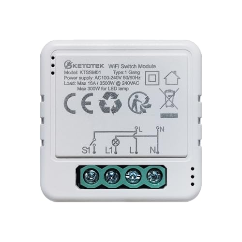 KETOTEK Relè Interruttore 16A Smart WiFi Compatibile Con Alexa, Modulo Interruttore Luce Intelligente 1 Gang 1 Via/2 Via 220V Controllo delle Smart Life/Tuya App, È necessario un Filo di Neutro