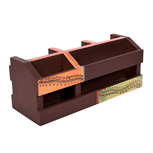 Image of AAKRITI ART CREATIONS Wooden Madhubani Brown Handcrafted Desk Organizer Pen & Card Holder