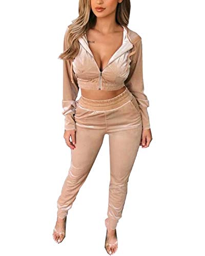 Women Velour 2 Piece Outfits Soft Bodycon Hooded Jacket Pants Jogging Set Tracksuit Sportswear with Pockets Apricot M