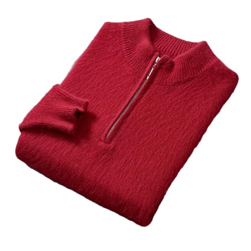 Men's Half Turtleneck Zipper Cashmere Sweater Winter Thick Pullovers Large Size Knit Basic Shirt Tops Rust Red