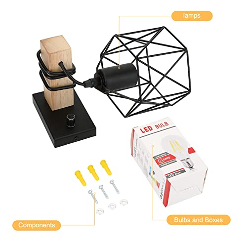 Lightess Vintage wandlamp voor binnen, dimbaar, zwart, industriële retro lamp van metaal en hout, E27 met schakelaar… - Afbeelding 8