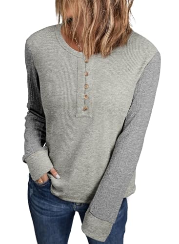 BLENCOT Womens Waffle Knit Tops Casual Long Sleeve Button Down Henley Basic Shirts2