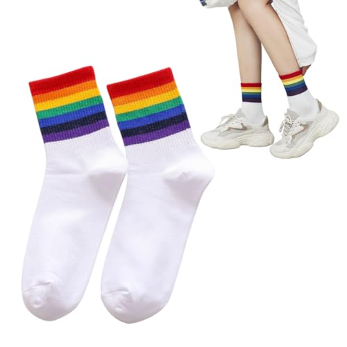 WUSJCOF 1 par Calcetines deportivos Pride Sport Blancos Hombre y Mujer - Accesorios de orgullo LGBTQ y Orgullo Gay con Bandera LGTBI+ y Rallas Unisex (Blanco, Arcoiris)