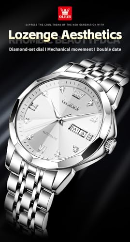 Image of OLEVS Watch for Men Automatic Classic Mechanical Watch Diamond Mirror Stainless Steel Dress Casual Waterproof Day /Date Calendar