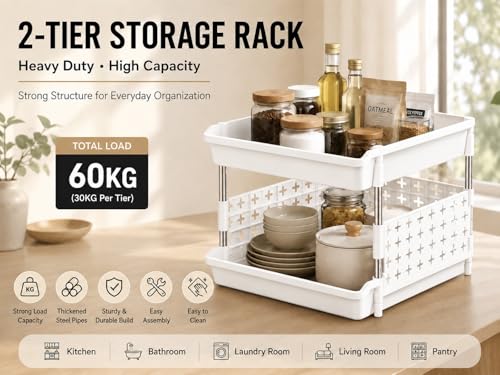 Image of KITCHIVO Multipurpose Storage Rack Organizer with Stainless Steel Pipes | Heavy Duty Plastic Shelf Stand for Kitchen, Bathroom, Laundry & Pantry (White, 2 Layer)